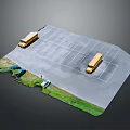Parking Lot Model With Yellow School Buses Green Grass And Parking Spaces
