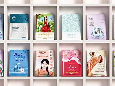 Colorful Perfume Cosmetics Display With Diverse Illustrated Packaging Boxes On White Grid Shelf 3d model