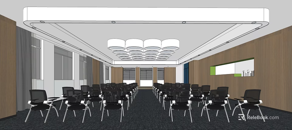 Spacious Conference Room Interior With Arranged Black Chairs Ceiling Lights Projection Screen And Wooden Walls 3d model 