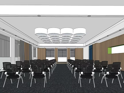 Spacious Conference Room Interior With Arranged Black Chairs Ceiling Lights Projection Screen And Wooden Walls 3d model