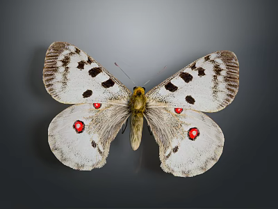 White Winged Butterfly With Black Spots And Red Eye Markings On Gray Background 3d model