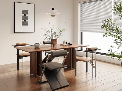 Modern Dining Table Set With Wooden Top Chairs Decorative Vase And Plants In Room 3d model