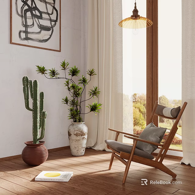 Wooden Frame Leisure Chair With Gray Cushion In Bright Indoor Setting With Green Plants 3d model 