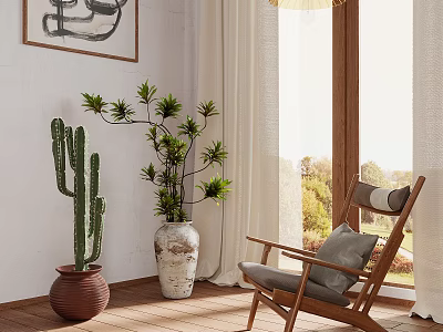 Wooden Frame Leisure Chair With Gray Cushion In Bright Indoor Setting With Green Plants 3d model