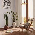Wooden Frame Leisure Chair With Gray Cushion In Bright Indoor Setting With Green Plants