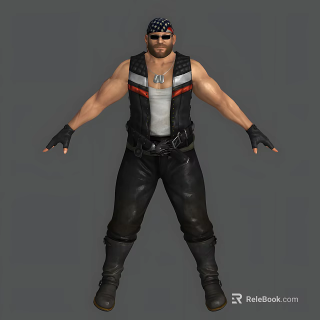 Muscular Man In Black Vest And Leather Pants With Gloves Arms Outstretched 3d model 
