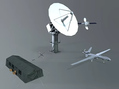 Military Weapons Equipment Featuring Large Satellite Dish Green Tent White Drone And Small Antenna Devices 3d model