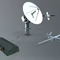 Military Weapons Equipment Featuring Large Satellite Dish Green Tent White Drone And Small Antenna Devices