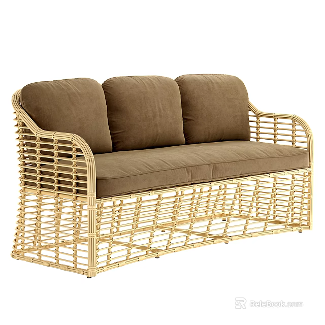 Two Seater Wicker Sofa With Brown Cushions And Rattan Frame Design 3d model 