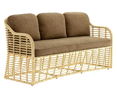 Two Seater Wicker Sofa With Brown Cushions And Rattan Frame Design 3d model