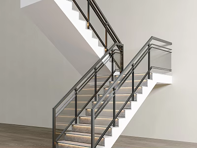 Modern Interior Staircase With Metal Railings Glass Panels And Wooden Steps 3d model