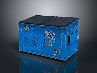 Blue Metal Crate With Black Lid Graffiti Art And Worn Surface Design 3d model