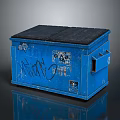 Blue Metal Crate With Black Lid Graffiti Art And Worn Surface Design