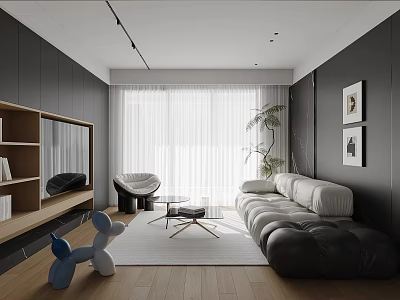 Modern Living Room Interior With Gray Sofa Coffee Table White Curtains And Potted Plant 3d model