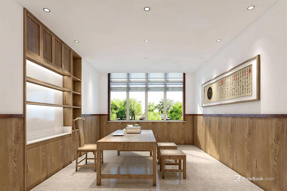 Hospital Outpatient Clinic Waiting Room With Wooden Bookshelves And Comfortable Table Seats 3d model 
