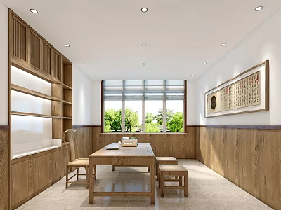 Hospital Outpatient Clinic Waiting Room With Wooden Bookshelves And Comfortable Table Seats 3d model
