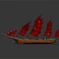 Orange Wooden Boat With Red Sails Sharp Bow And Decorative Hull Design