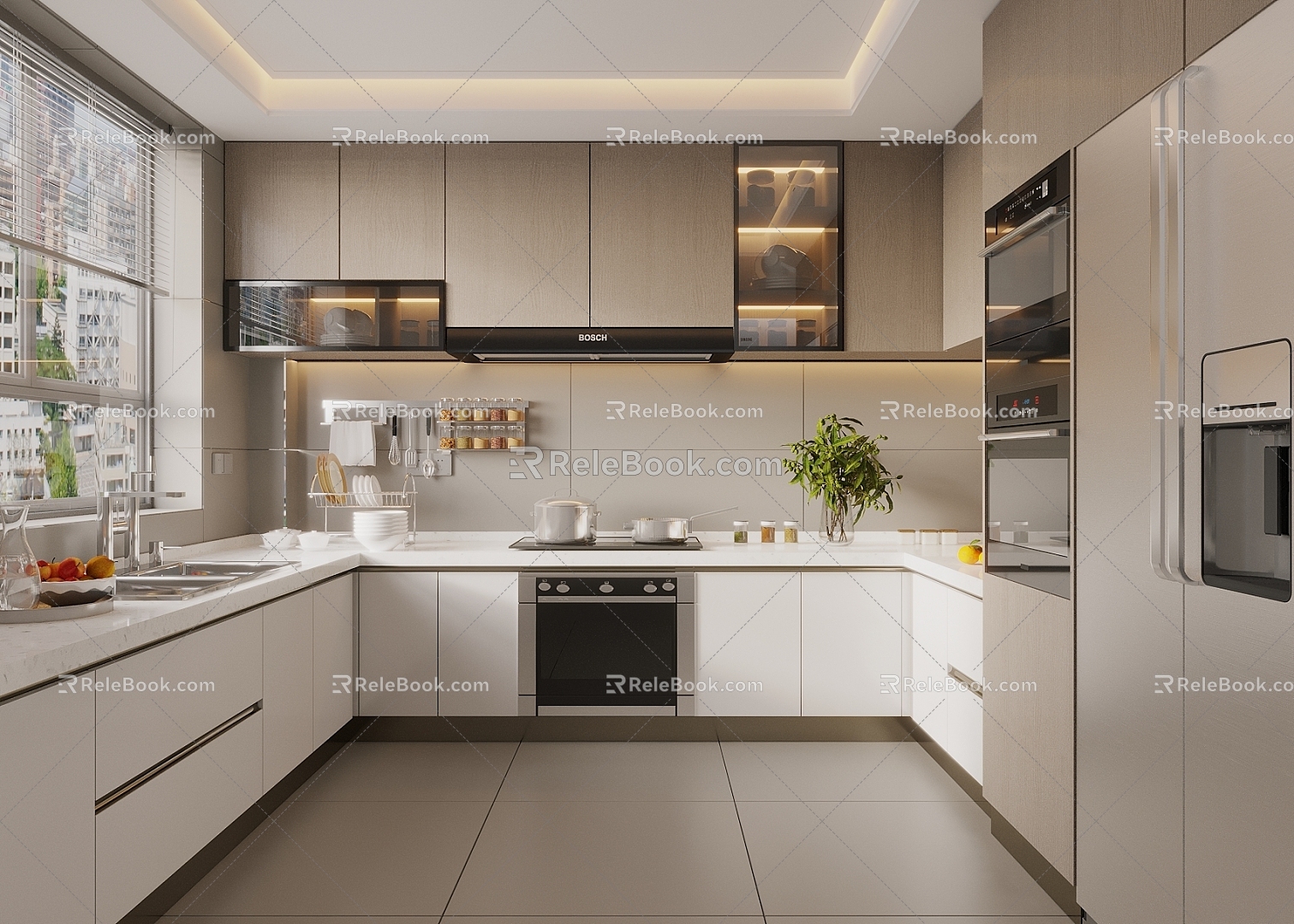 Modern Cream Style Kitchen Kitchenware Supplies Combination Cabinet Kitchen Appliances Refrigerator Oven 3d model