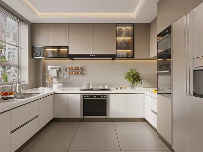 Modern Kitchen Interior With White Countertop Cabinets Appliances Hanging Shelf And City View Window 3d model