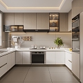 Modern Cream Style Kitchen Kitchenware Supplies Combination Cabinet Kitchen Appliances Refrigerator Oven 3d model