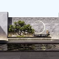 Serene Garden Feature Wall With Circular Ring Bonsai Tree And Water Feature 3d model