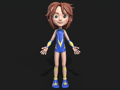 3D Cartoon Woman in Blue and Yellow Leotard with Yellow Gloves Boots 3d model