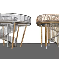 Modern Wooden Spiral Staircase With Metal Railings And Supporting Pillars