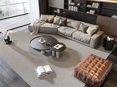 Modern Living Room Sofa and Coffee Table Set with Round Tables Soft Cushions and Cozy Rug 3d model