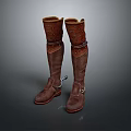 Brown Leather Knee High Boots With Buckle Straps And Perforated Design For Daily Wear