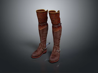 Brown Leather Knee High Boots With Buckle Straps And Perforated Design For Daily Wear 3d model