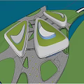 Modern Visitor Center With Green Roof and Open Plaza Surrounded by Trees Near Scenic Lake