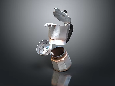 Household Metal Moka Pot With Disassembled Filter And Separated Parts 3d model