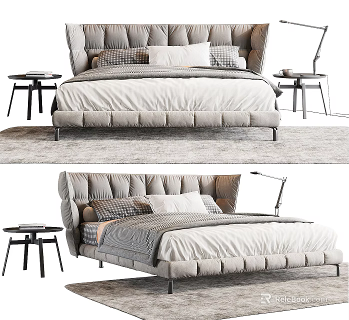 Modern Double Bed Design With Tufted Headboard Multiple Pillows And Side Tables 3d model
