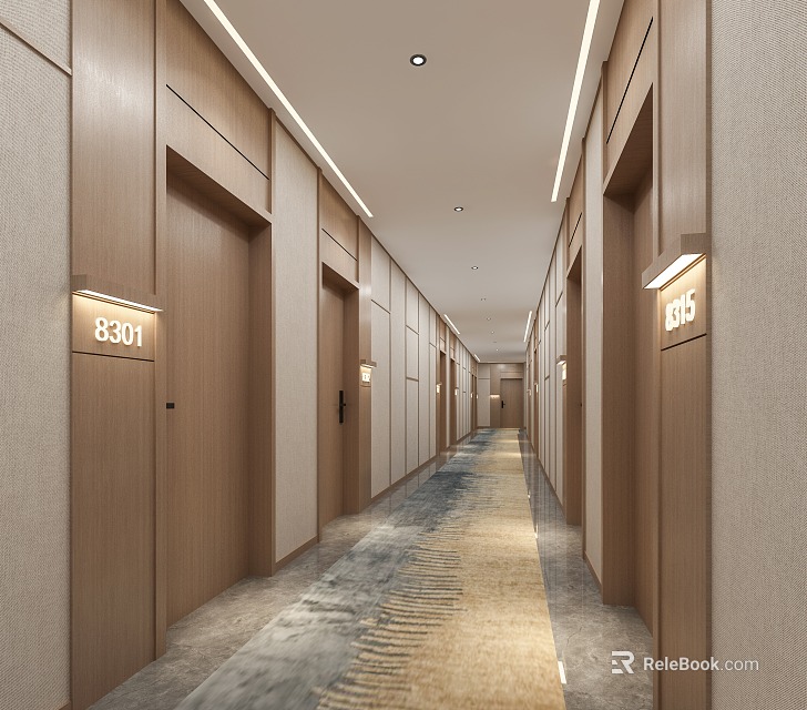 Hotel Corridor With Modern Design Wooden Doors Room Number Signs Ceiling Lights And Clean Carpet 3d model 