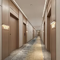Hotel Corridor With Modern Design Wooden Doors Room Number Signs Ceiling Lights And Clean Carpet