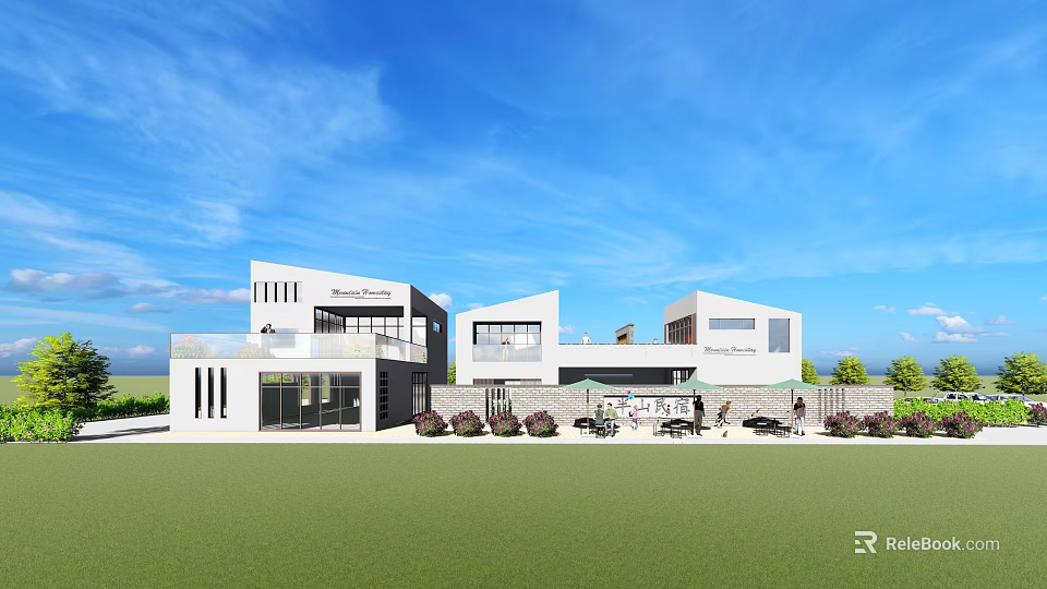 Modern Boutique Guesthouse Building With White Exterior Large Windows Outdoor Seating And Lawn 3d model 