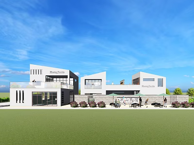 Modern Boutique Guesthouse Building With White Exterior Large Windows Outdoor Seating And Lawn 3d model