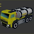 Toy Yellow Volvo Tanker Truck with Black Parts and Large Wheels on Reflective Surface