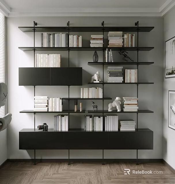 Modern Black Bookcase With Stacked Books Decorative Items And Open Shelves 3d model 