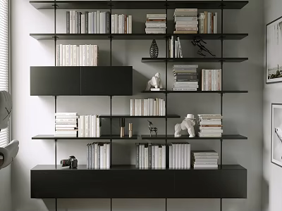 Modern Black Bookcase With Stacked Books Decorative Items And Open Shelves 3d model