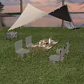 Outdoor Chairs On Lakeside Grass With Sunset Canopy And String Lights 3d model