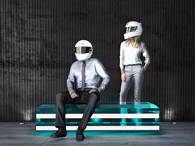 Two Models Wearing White Helmets On Blue Transparent Platform With Dark Striped Wall 3d model