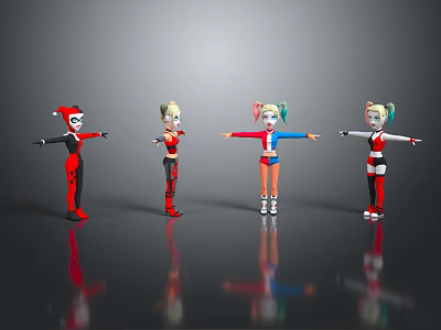 Four Colorful Animated Characters In Different Outfits With Pigtails And Standing Poses On Reflective Floor 3d model