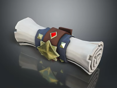 White Rolled Household Item With Brown Strap Blue Decorations Red Gem And Gold Star 3d model