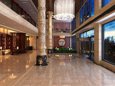 Luxurious Hotel Lobby With High Ceiling Crystal Chandelier Decorative Columns And Marble Floor 3d model