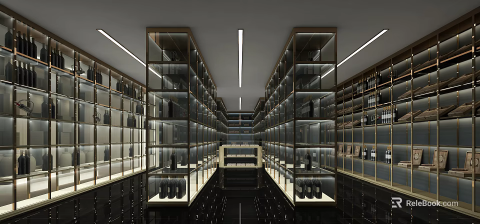 Modern Wine Cellar Interior With Long Layout Glass Wine Racks Metal Frames And Lighting 3d model 