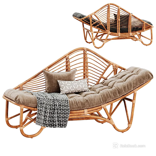 Wicker Lounge Chair With Light Brown Plush Cushion Decorative Pillows And Knitted Blanket 3d model 