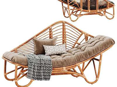 Wicker Lounge Chair With Light Brown Plush Cushion Decorative Pillows And Knitted Blanket 3d model