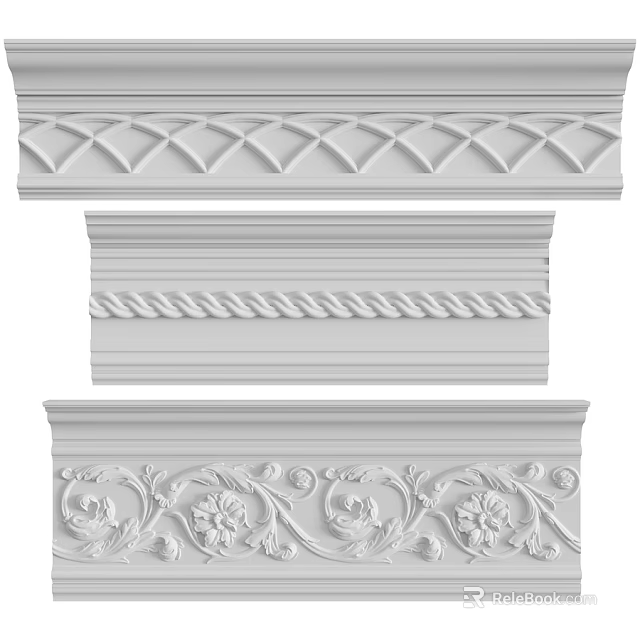 Decorative Architectural Moldings With Diamond Rope And Floral Scroll Patterns 3d model 