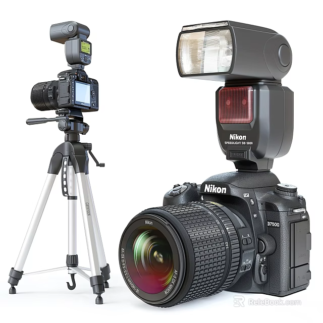 Nikon D7500 Camera Setup With Tripod External Flash And Photography Gear 3d model 